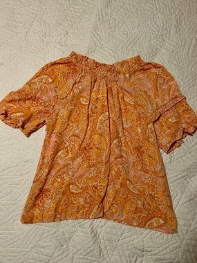 Nanette Lepore Orange Paisley Print Peasant Off-the-Shoulder Puff Sleeve Blouse